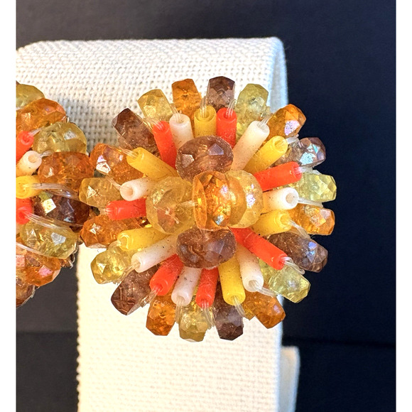 Vintage Vendome Orange Yellow Acrylic Round Adjustable Patented Clip On Earrings - Picture 3 of 8